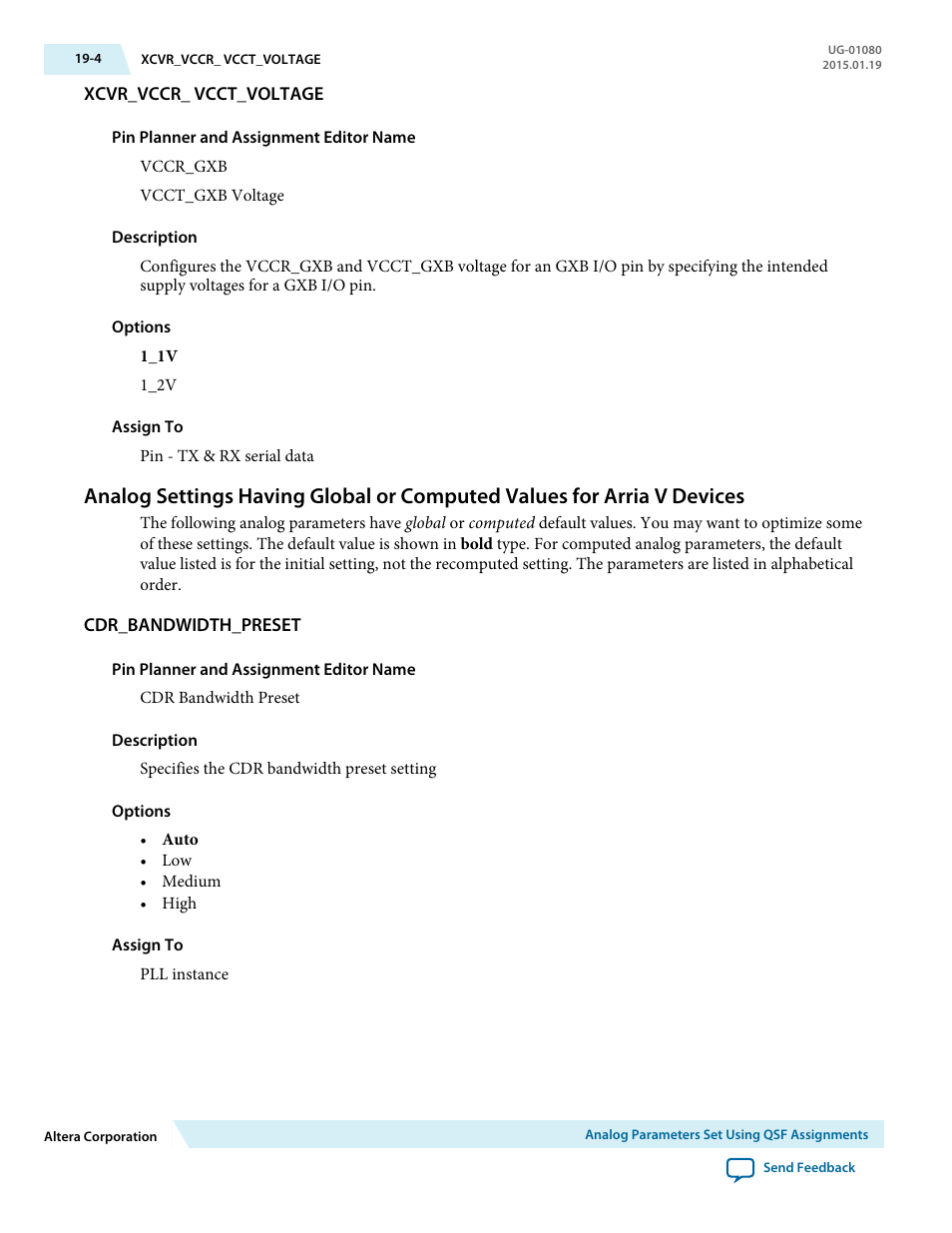 Xcvr_vccr_ vcct_voltage, Cdr_bandwidth_preset | Altera Transceiver PHY IP Core User Manual | Page 598 / 702