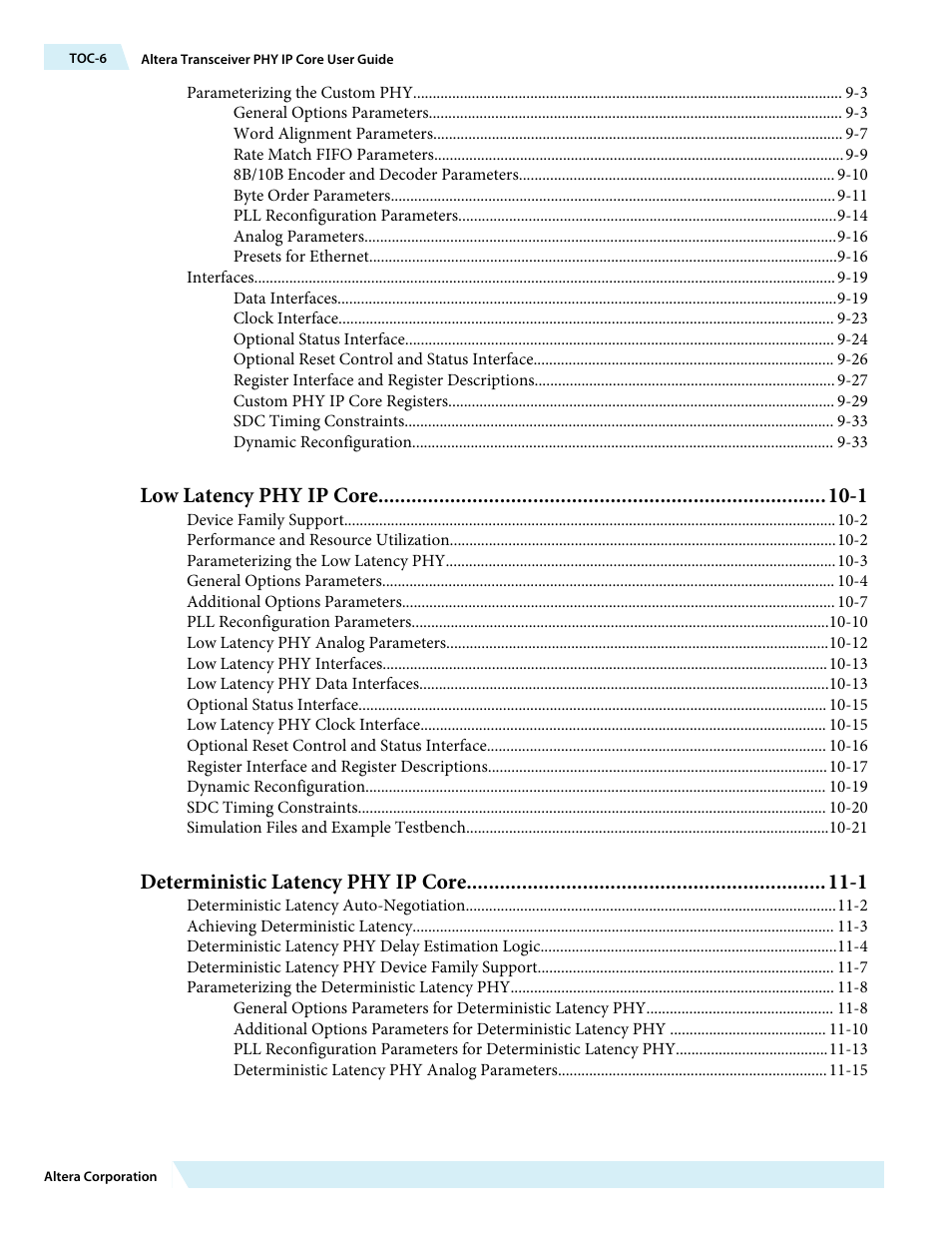 Low latency phy ip core -1, Deterministic latency phy ip core -1 | Altera Transceiver PHY IP Core User Manual | Page 6 / 702