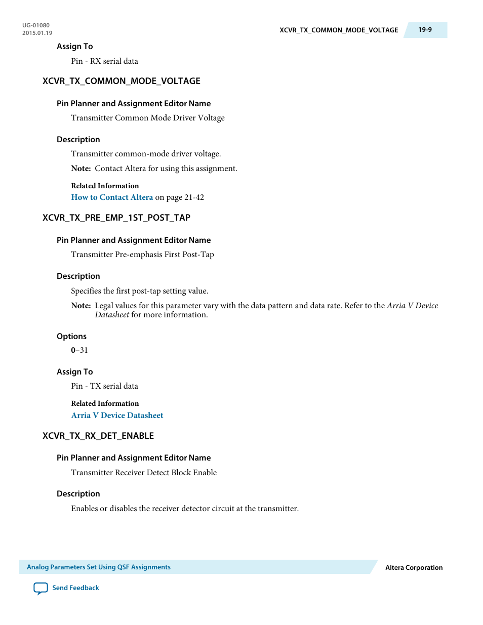 Xcvr_tx_common_mode_voltage, Xcvr_tx_pre_emp_1st_post_tap, Xcvr_tx_rx_det_enable | Altera Transceiver PHY IP Core User Manual | Page 603 / 702