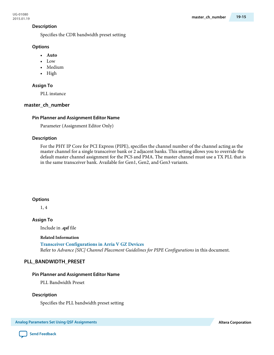 Master_ch_number, Pll_bandwidth_preset | Altera Transceiver PHY IP Core User Manual | Page 609 / 702