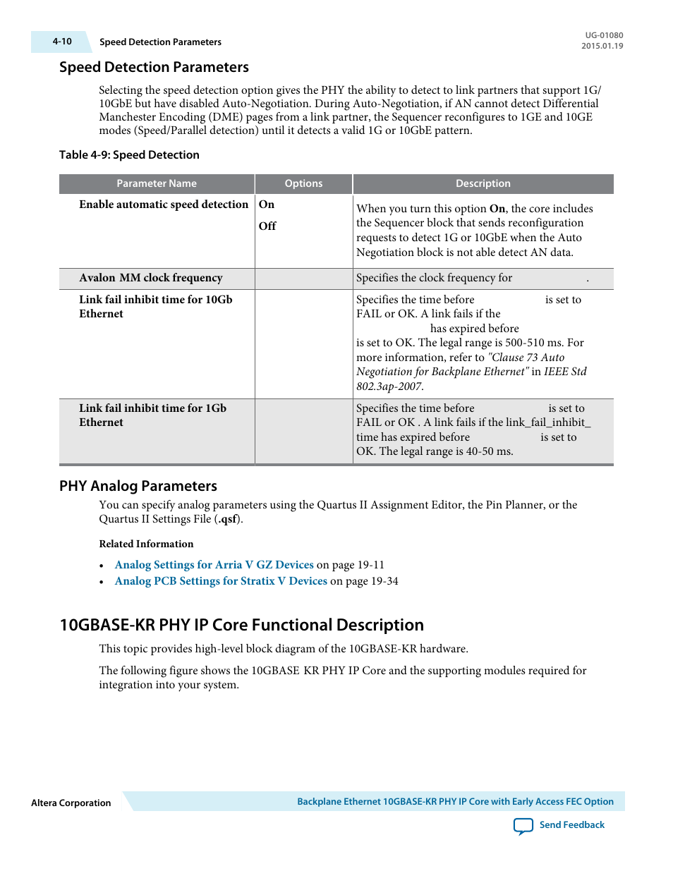 Speed detection parameters, Phy analog parameters, 10gbase-kr phy ip core functional description | Speed detection parameters -10, Phy analog parameters -10, 10gbase-kr phy ip core functional description -10 | Altera Transceiver PHY IP Core User Manual | Page 66 / 702