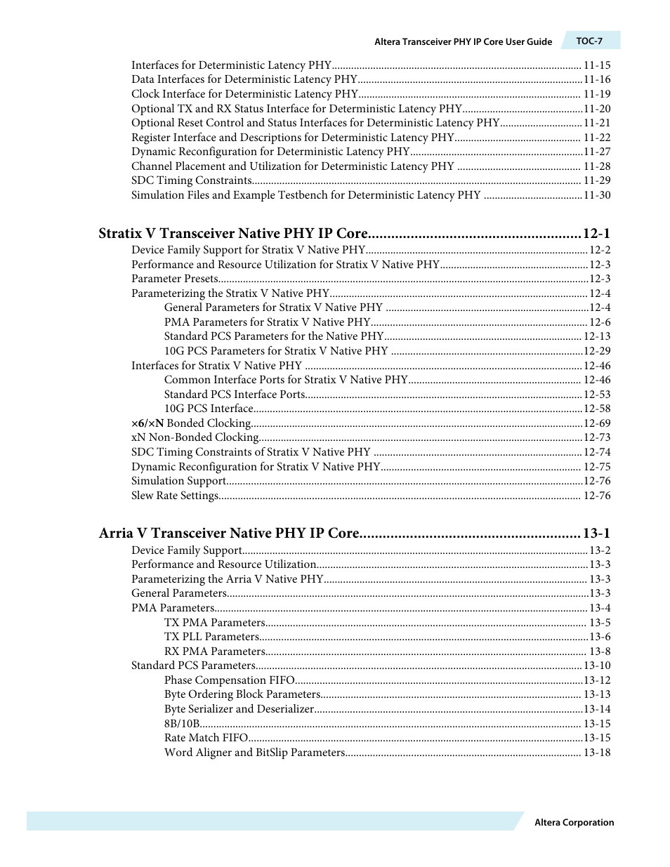 Stratix v transceiver native phy ip core -1, Arria v transceiver native phy ip core -1 | Altera Transceiver PHY IP Core User Manual | Page 7 / 702