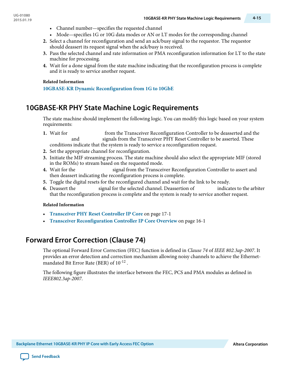 10gbase-kr phy state machine logic requirements, Forward error correction (clause 74), Forward error correction (clause 74) -15 | Altera Transceiver PHY IP Core User Manual | Page 71 / 702