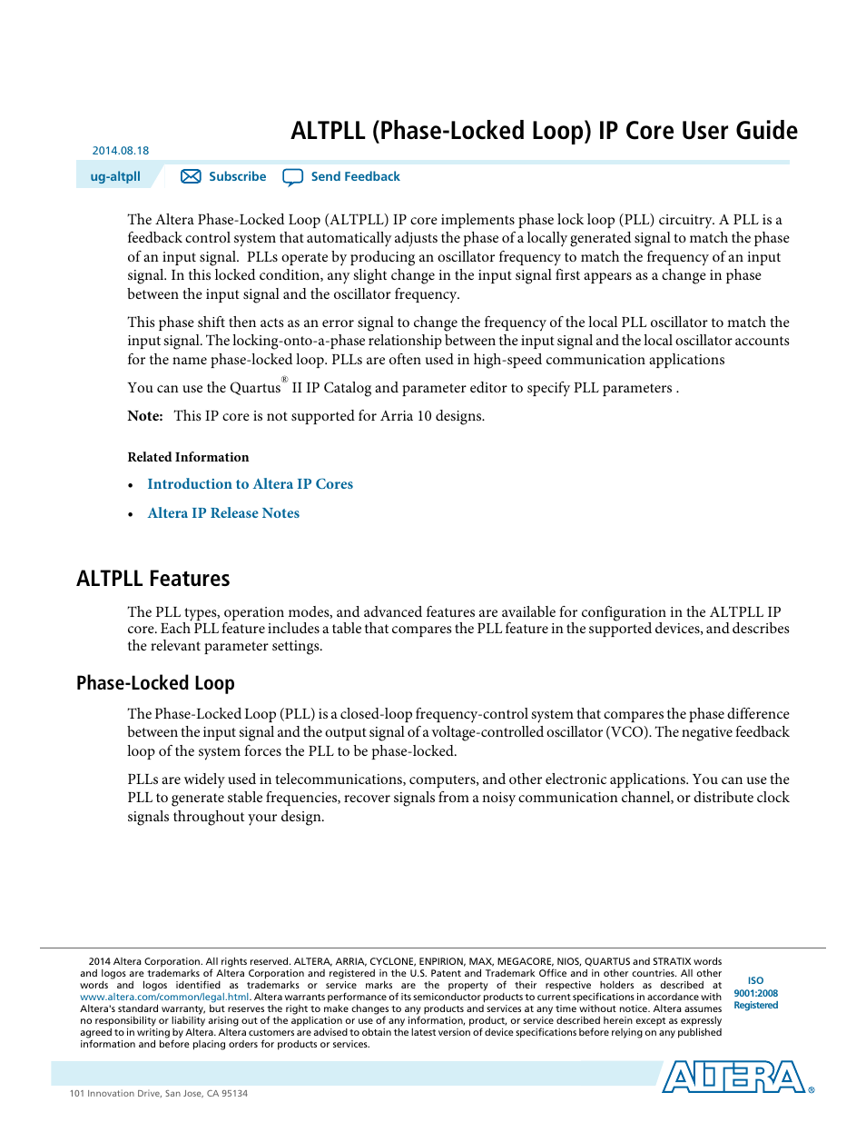 Altera ALTPLL (Phase-Locked Loop) IP Core User Manual | 69 pages