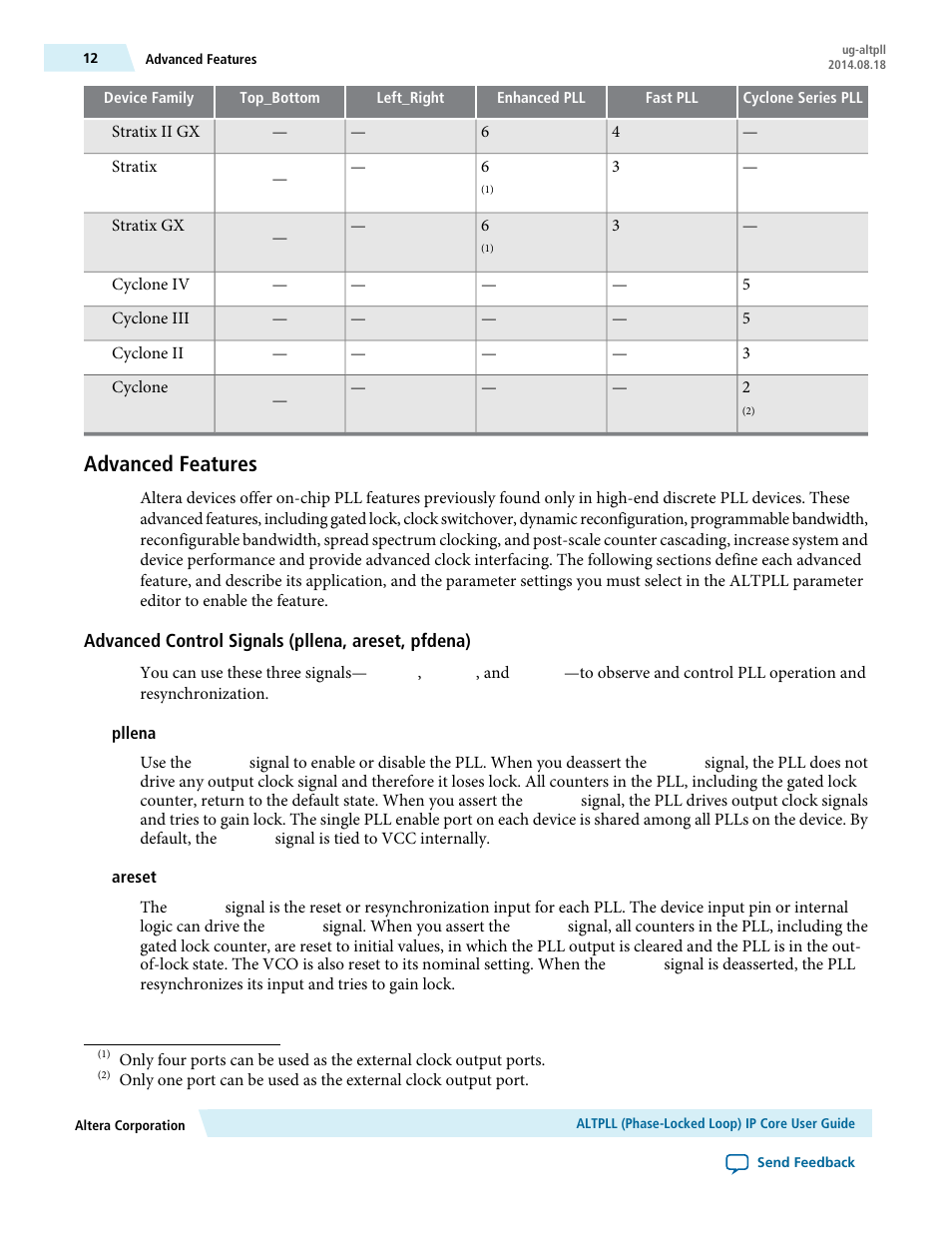 Advanced features, Advanced control signals (pllena, areset, pfdena), Pllena | Areset | Altera ALTPLL (Phase-Locked Loop) IP Core User Manual | Page 12 / 69