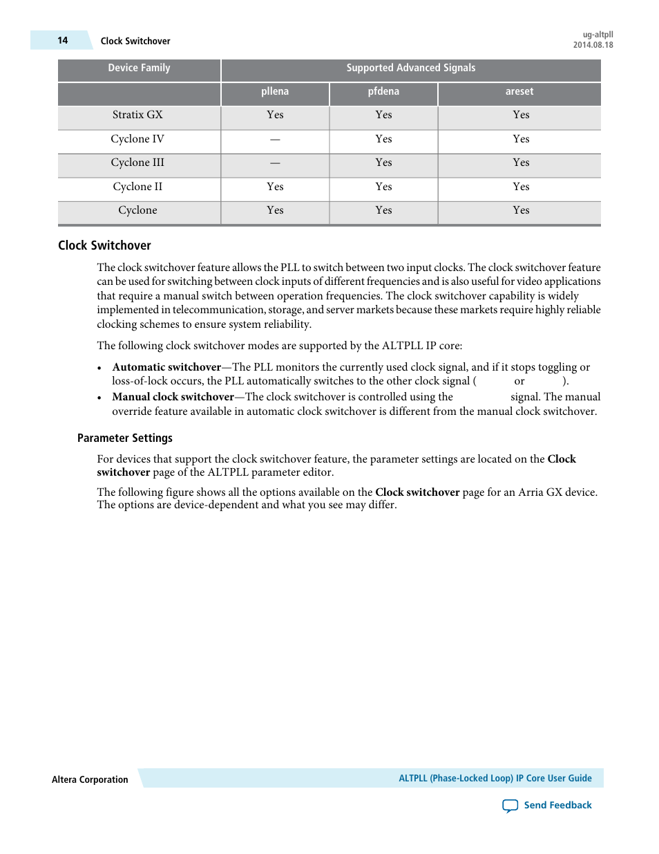 Clock switchover, Parameter settings | Altera ALTPLL (Phase-Locked Loop) IP Core User Manual | Page 14 / 69