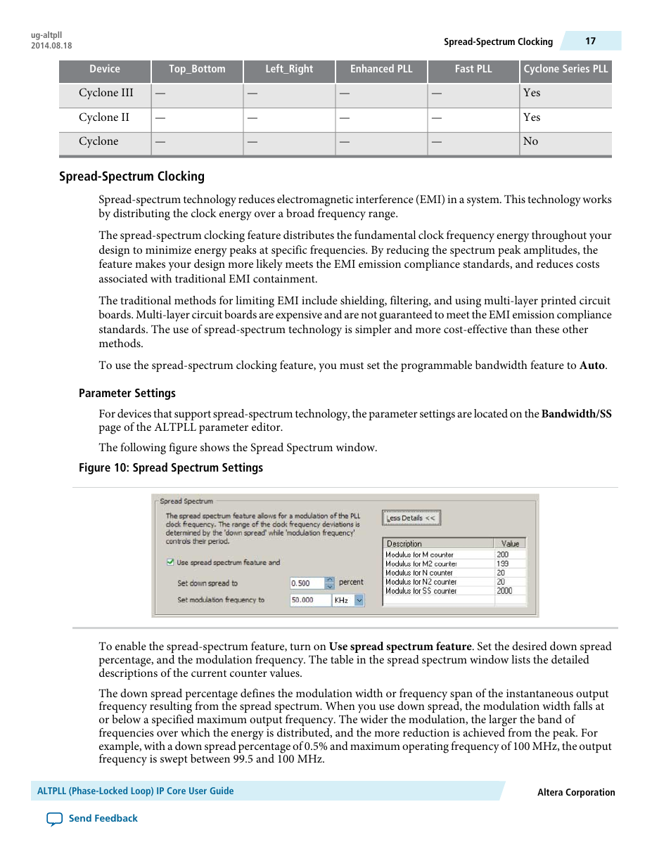Spread-spectrum clocking, Parameter settings | Altera ALTPLL (Phase-Locked Loop) IP Core User Manual | Page 17 / 69