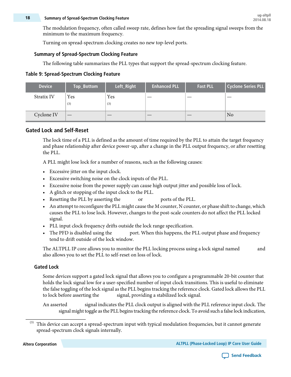 Summary of spread-spectrum clocking feature, Gated lock and self-reset, Gated lock | Altera ALTPLL (Phase-Locked Loop) IP Core User Manual | Page 18 / 69