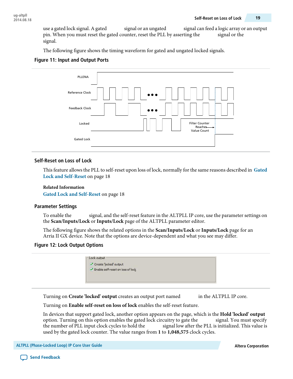 Self-reset on loss of lock, Parameter settings | Altera ALTPLL (Phase-Locked Loop) IP Core User Manual | Page 19 / 69
