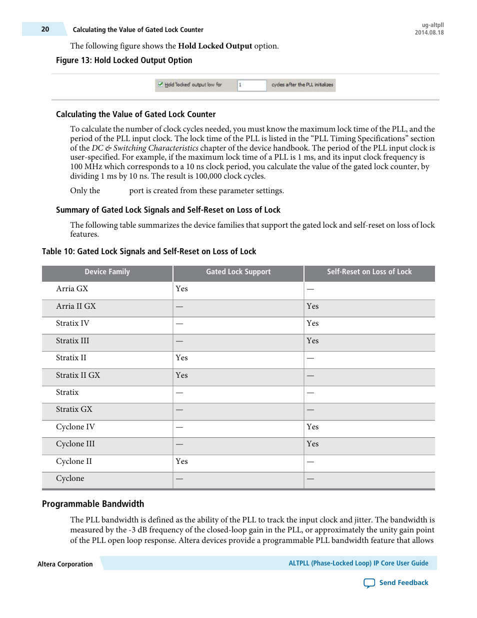 Calculating the value of gated lock counter, Programmable bandwidth | Altera ALTPLL (Phase-Locked Loop) IP Core User Manual | Page 20 / 69