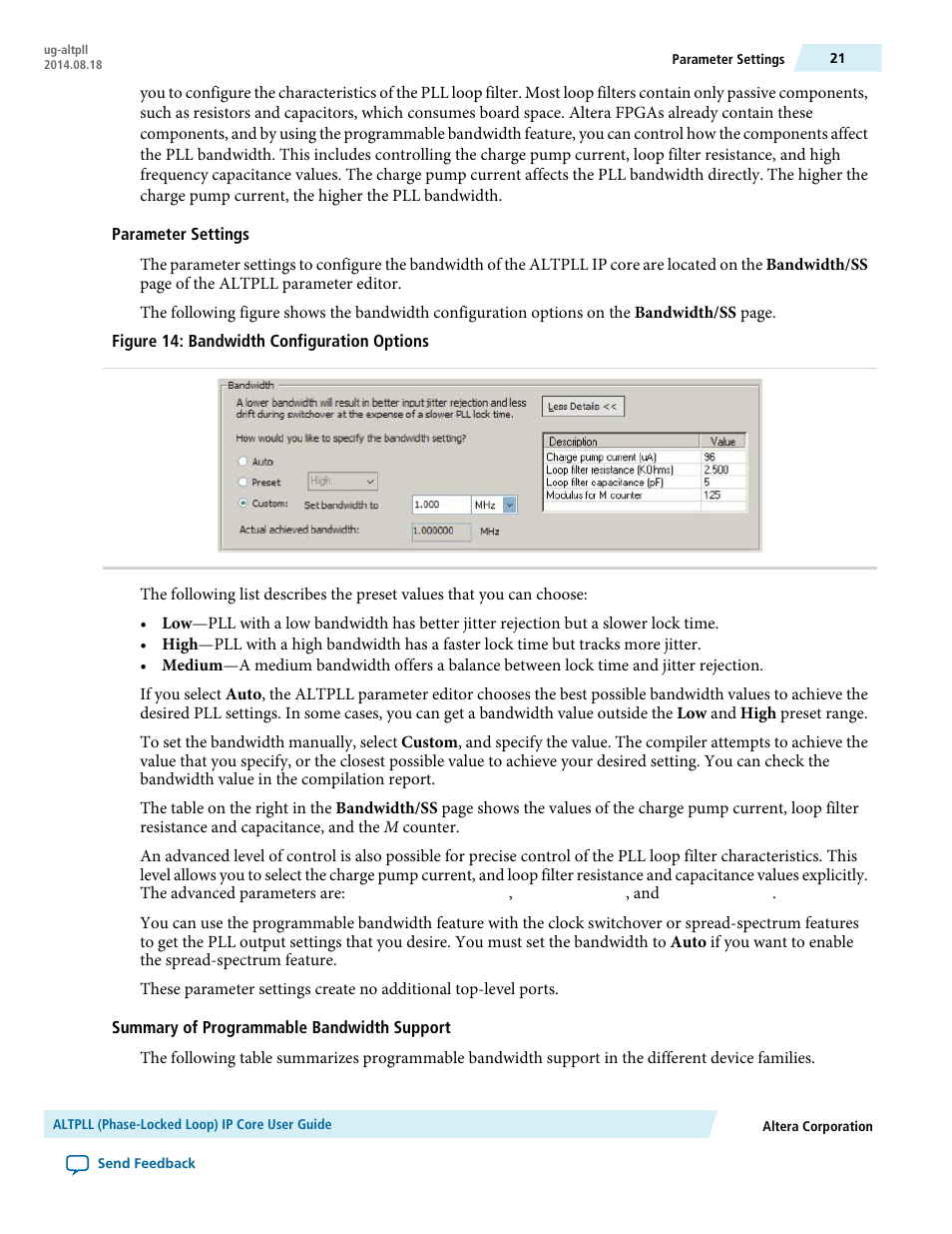 Parameter settings, Summary of programmable bandwidth support | Altera ALTPLL (Phase-Locked Loop) IP Core User Manual | Page 21 / 69