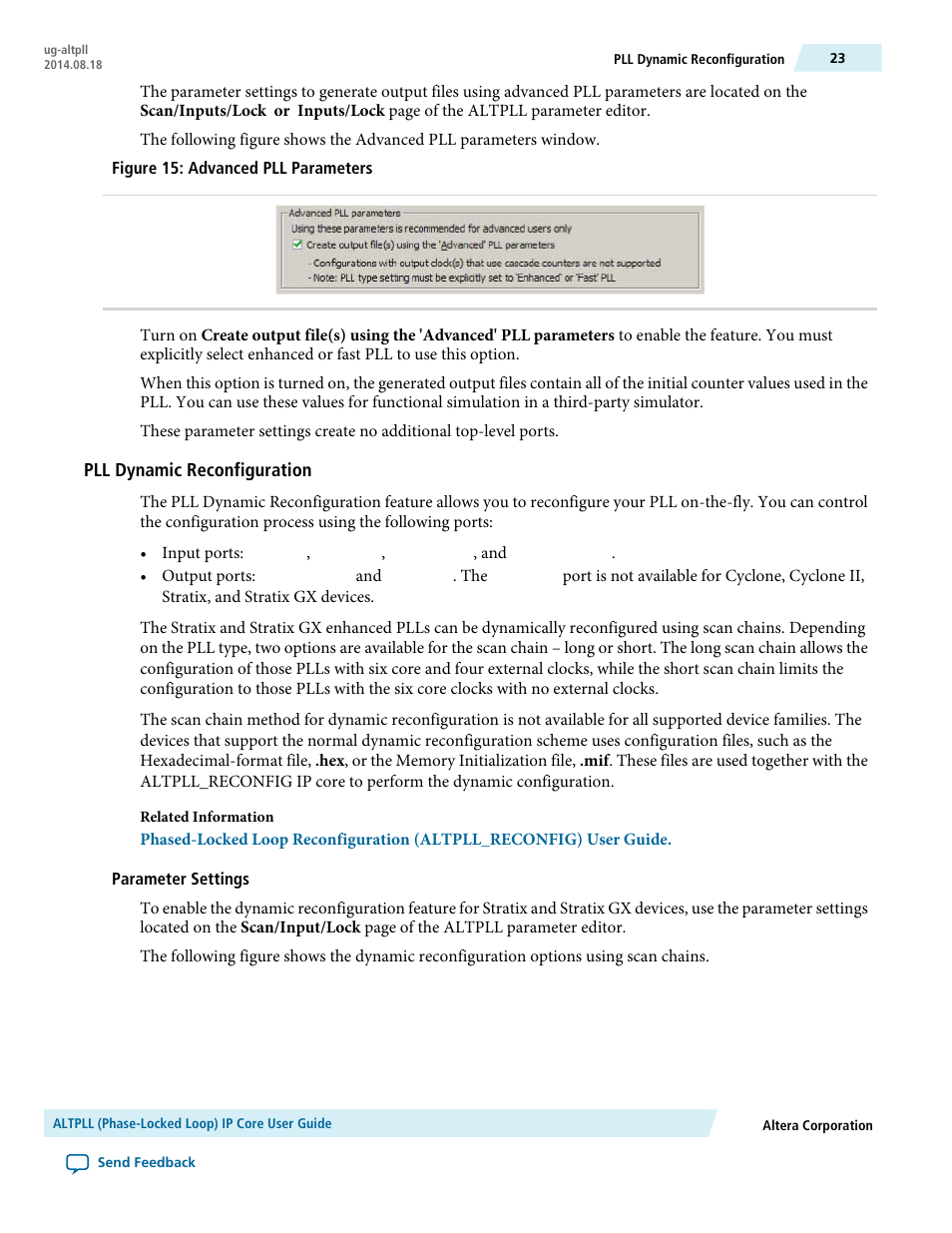 Pll dynamic reconfiguration, Parameter settings | Altera ALTPLL (Phase-Locked Loop) IP Core User Manual | Page 23 / 69