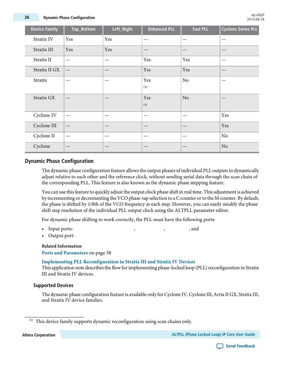 Dynamic phase configuration, Supported devices | Altera ALTPLL (Phase-Locked Loop) IP Core User Manual | Page 26 / 69