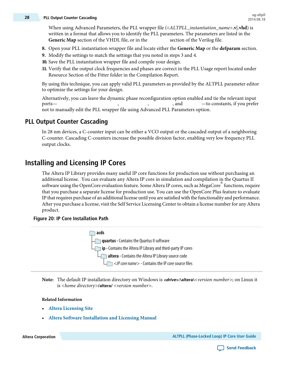 Pll output counter cascading, Installing and licensing ip cores | Altera ALTPLL (Phase-Locked Loop) IP Core User Manual | Page 28 / 69