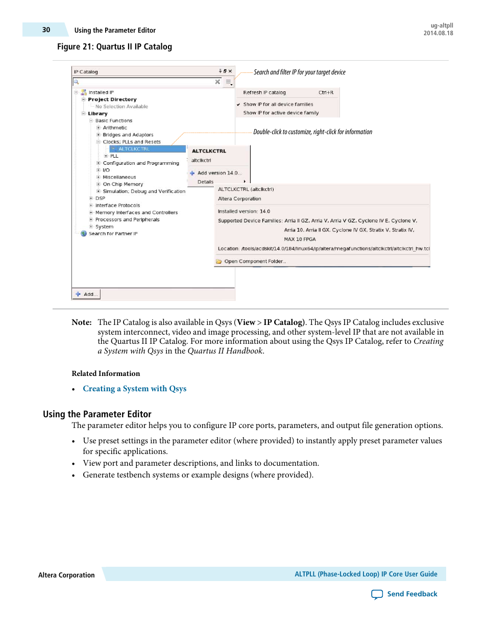 Using the parameter editor | Altera ALTPLL (Phase-Locked Loop) IP Core User Manual | Page 30 / 69