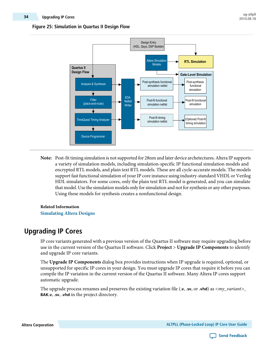 Upgrading ip cores, Figure 25: simulation in quartus ii design flow, Simulating altera designs | As <my_variant | Altera ALTPLL (Phase-Locked Loop) IP Core User Manual | Page 34 / 69