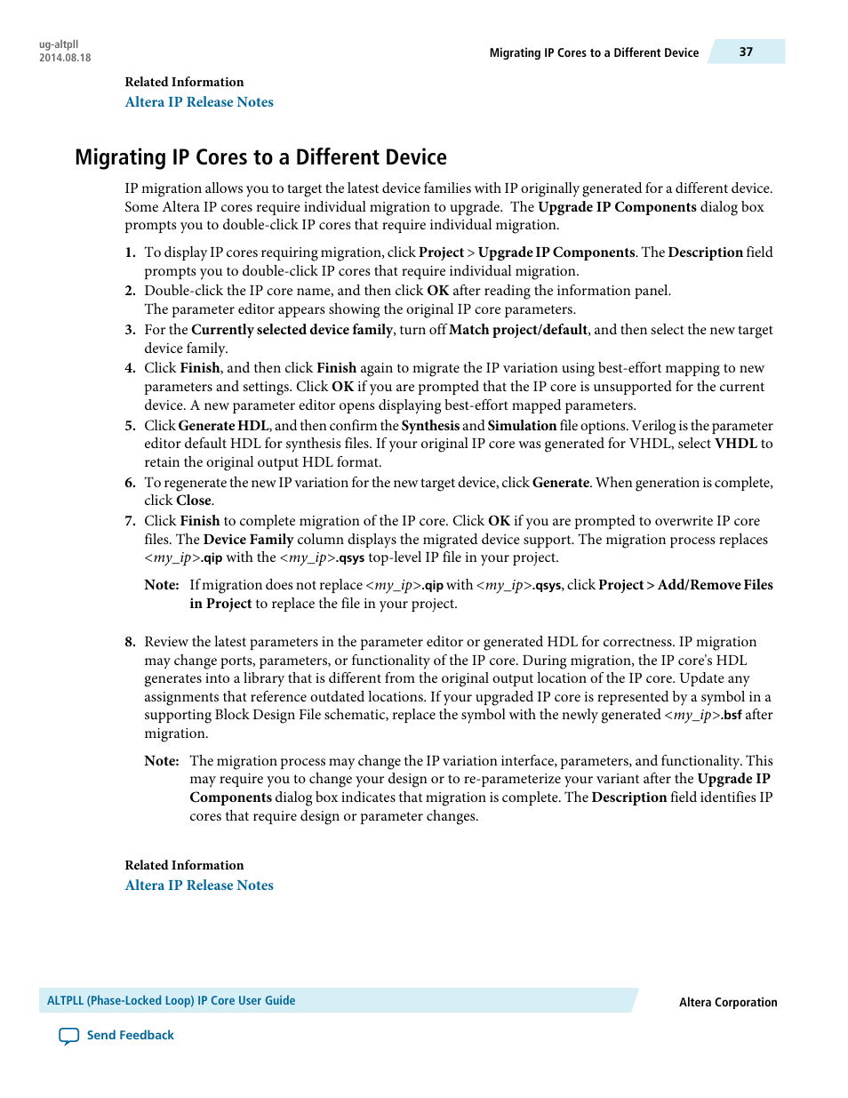 Migrating ip cores to a different device | Altera ALTPLL (Phase-Locked Loop) IP Core User Manual | Page 37 / 69