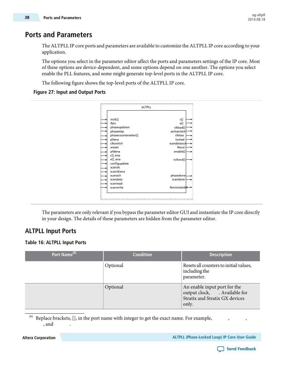 Ports and parameters, Altpll input ports | Altera ALTPLL (Phase-Locked Loop) IP Core User Manual | Page 38 / 69
