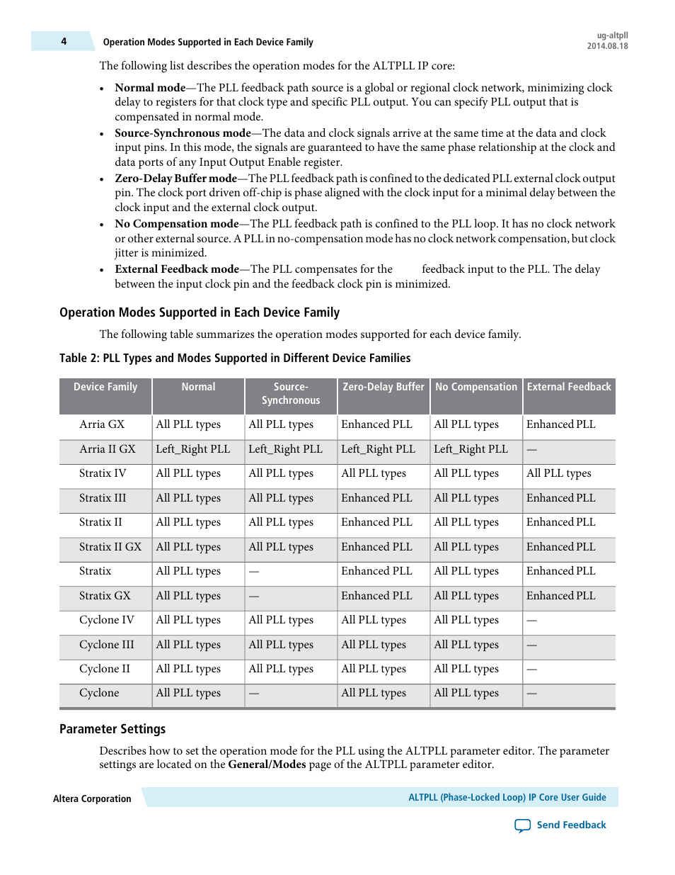 Operation modes supported in each device family, Parameter settings | Altera ALTPLL (Phase-Locked Loop) IP Core User Manual | Page 4 / 69