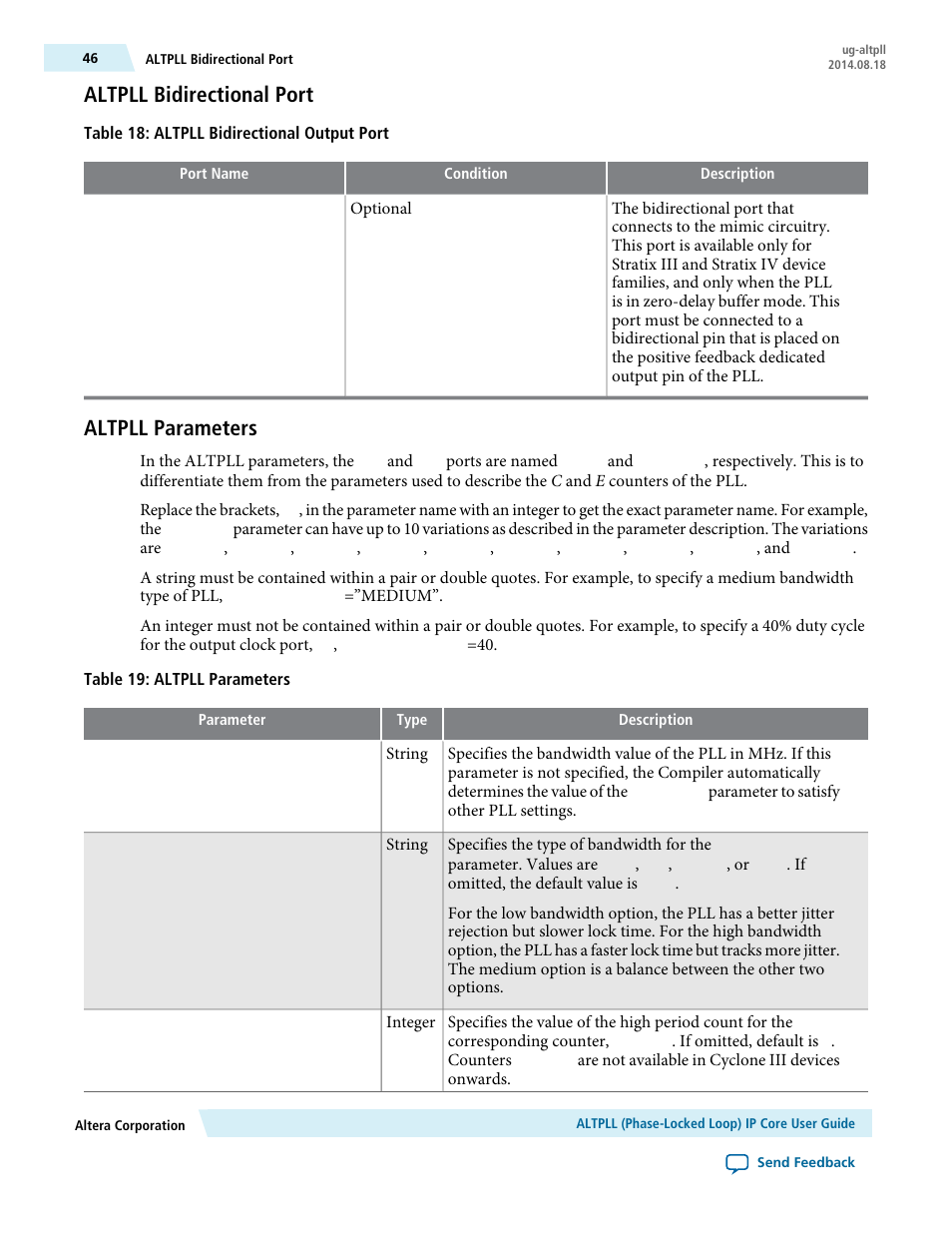 Altpll bidirectional port, Altpll parameters | Altera ALTPLL (Phase-Locked Loop) IP Core User Manual | Page 46 / 69