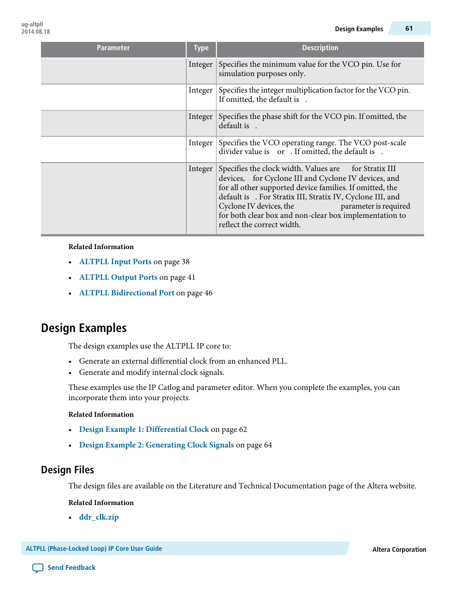 Design examples, Design files | Altera ALTPLL (Phase-Locked Loop) IP Core User Manual | Page 61 / 69