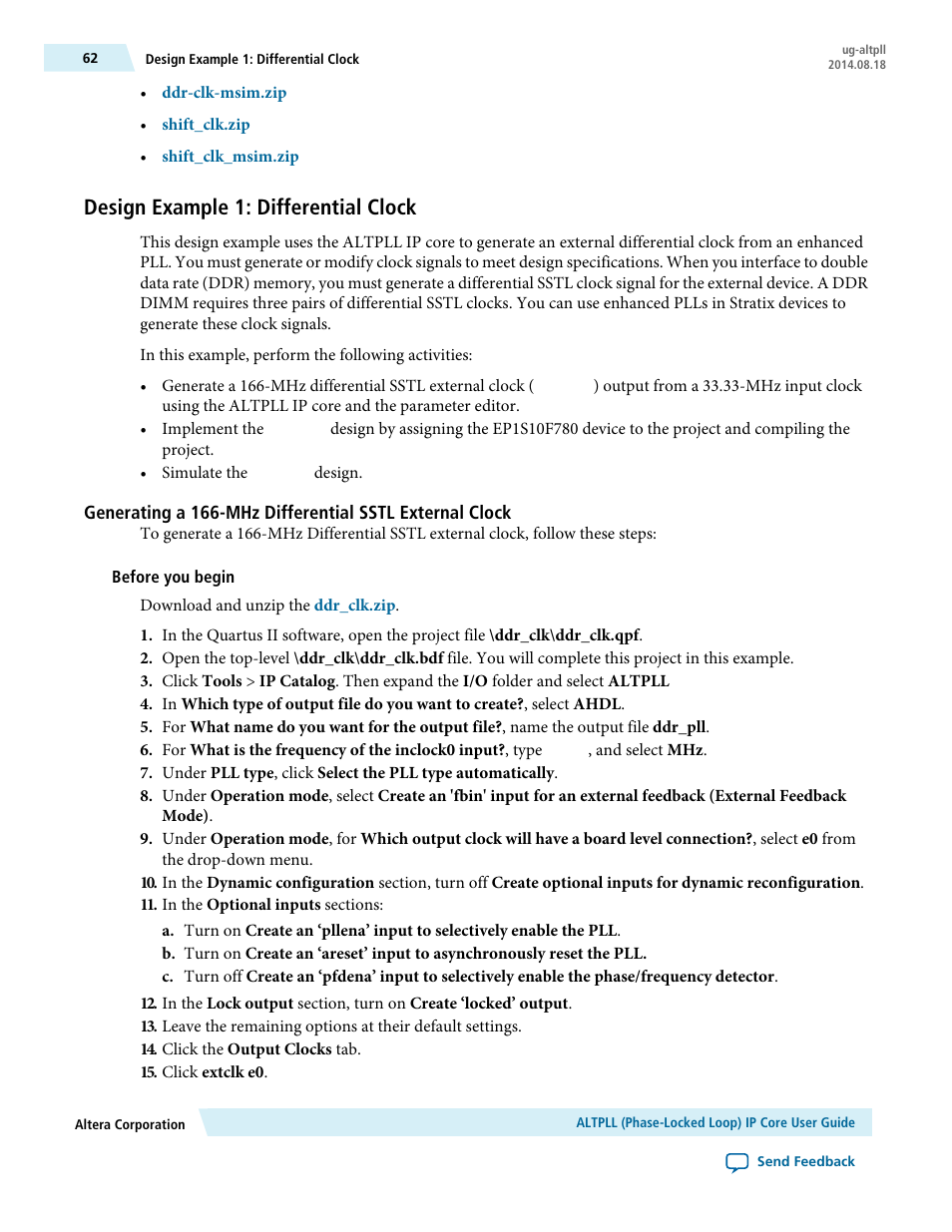 Design example 1: differential clock | Altera ALTPLL (Phase-Locked Loop) IP Core User Manual | Page 62 / 69