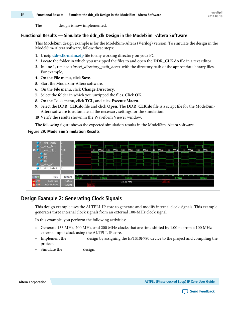 Design example 2: generating clock signals | Altera ALTPLL (Phase-Locked Loop) IP Core User Manual | Page 64 / 69