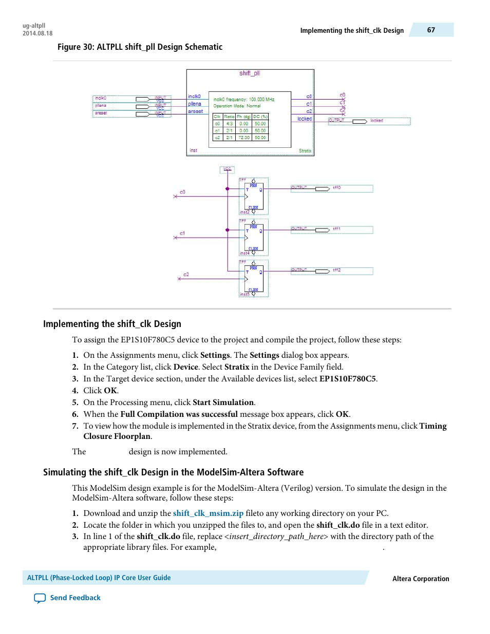 Implementing the shift_clk design | Altera ALTPLL (Phase-Locked Loop) IP Core User Manual | Page 67 / 69