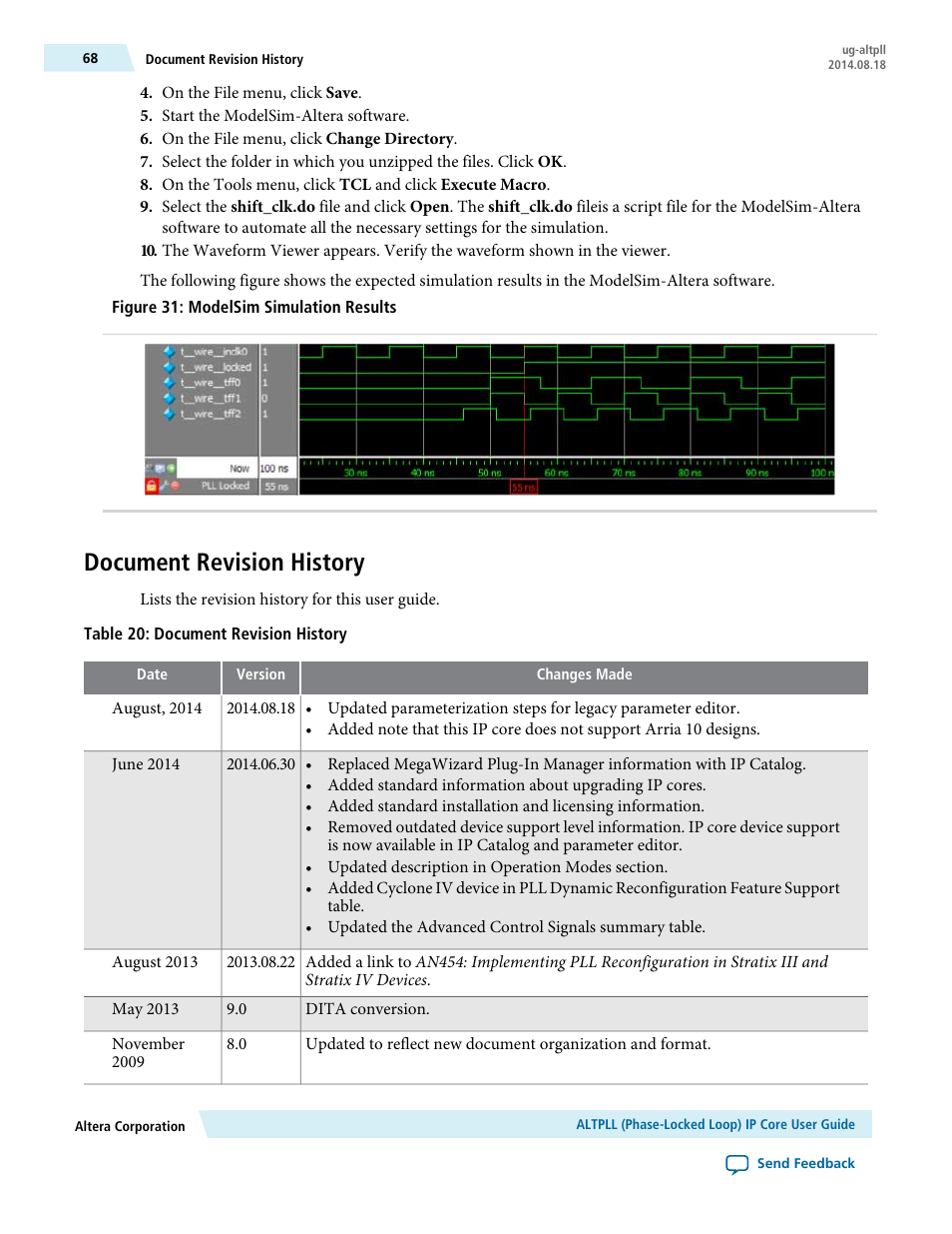 Document revision history | Altera ALTPLL (Phase-Locked Loop) IP Core User Manual | Page 68 / 69