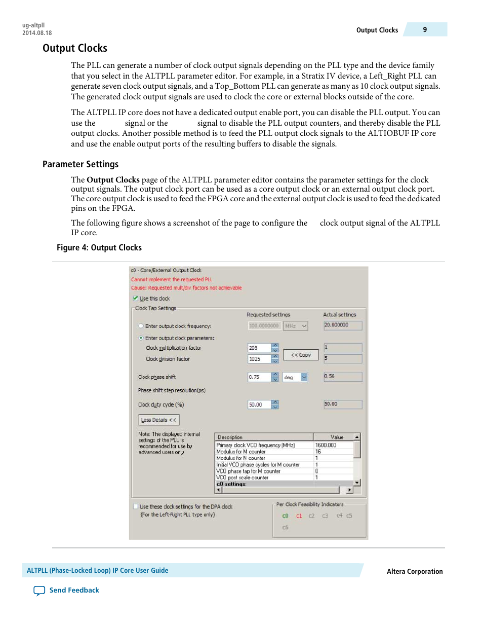 Output clocks, Parameter settings | Altera ALTPLL (Phase-Locked Loop) IP Core User Manual | Page 9 / 69
