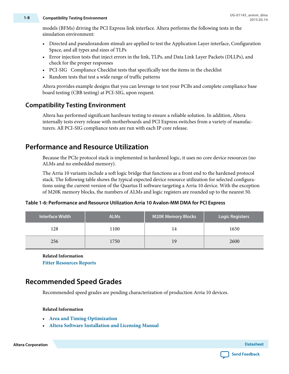 Compatibility testing environment, Performance and resource utilization, Recommended speed grades | Compatibility testing environment -8, Performance and resource utilization -8, Recommended speed grades -8 | Altera Arria 10 Avalon-MM DMA User Manual | Page 12 / 133