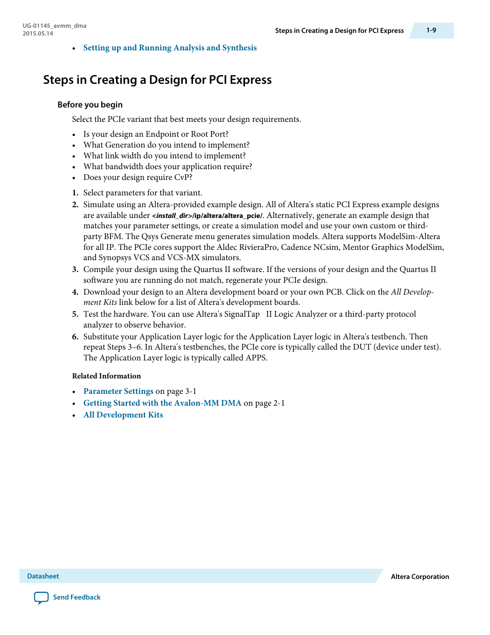 Steps in creating a design for pci express, Steps in creating a design for pci express -9 | Altera Arria 10 Avalon-MM DMA User Manual | Page 13 / 133