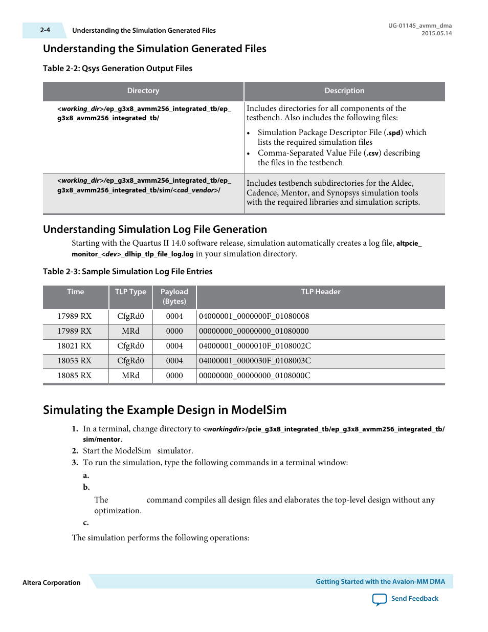 Understanding the simulation generated files, Understanding simulation log file generation, Simulating the example design in modelsim | Understanding the simulation generated files -4, Understanding simulation log file generation -4, Simulating the example design in modelsim -4 | Altera Arria 10 Avalon-MM DMA User Manual | Page 17 / 133