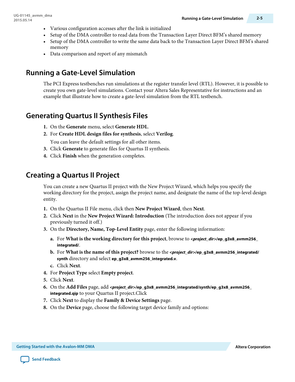 Running a gate-level simulation, Generating quartus ii synthesis files, Creating a quartus ii project | Running a gate-level simulation -5, Generating quartus ii synthesis files -5, Creating a quartus ii project -5 | Altera Arria 10 Avalon-MM DMA User Manual | Page 18 / 133