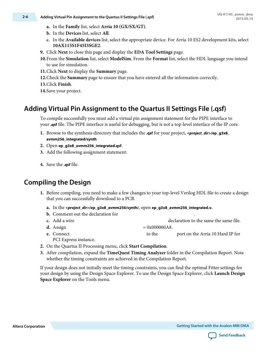 Compiling the design, Compiling the design -6 | Altera Arria 10 Avalon-MM DMA User Manual | Page 19 / 133