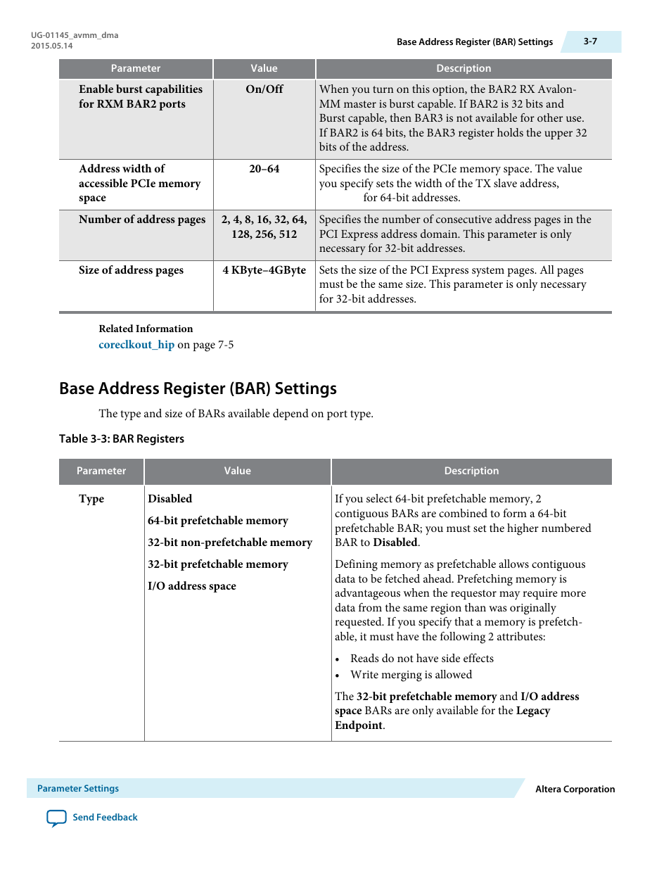 Base address register (bar) settings, Base address register (bar) settings -7 | Altera Arria 10 Avalon-MM DMA User Manual | Page 27 / 133