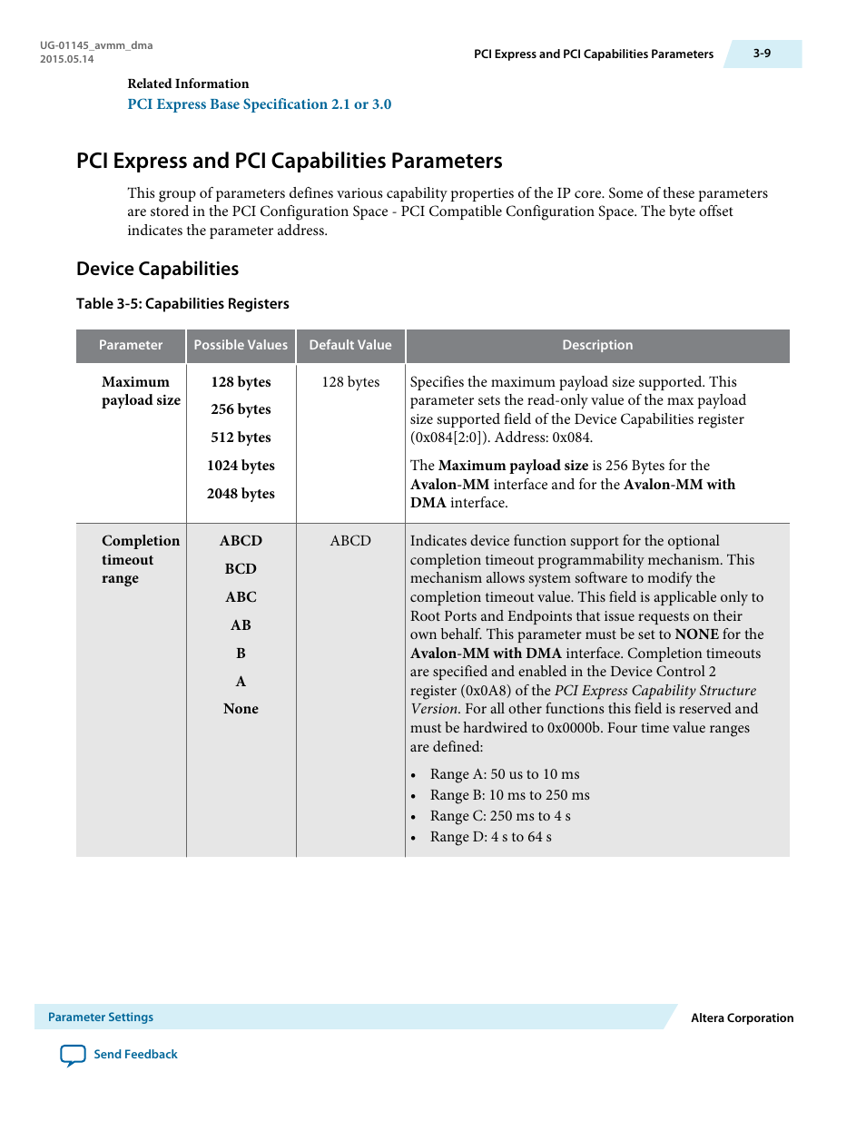 Pci express and pci capabilities parameters, Device capabilities, Pci express and pci capabilities parameters -9 | Device capabilities -9 | Altera Arria 10 Avalon-MM DMA User Manual | Page 29 / 133