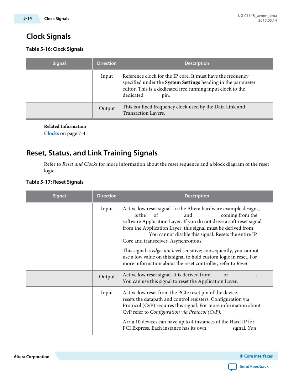 Clock signals, Reset, status, and link training signals, Clock signals -14 | Reset, status, and link training signals -14 | Altera Arria 10 Avalon-MM DMA User Manual | Page 55 / 133