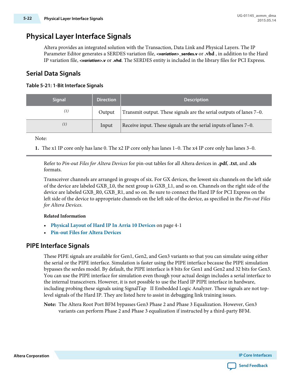 Physical layer interface signals, Serial data signals, Pipe interface signals | Physical layer interface signals -22, Serial data signals -22, Pipe interface signals -22 | Altera Arria 10 Avalon-MM DMA User Manual | Page 63 / 133