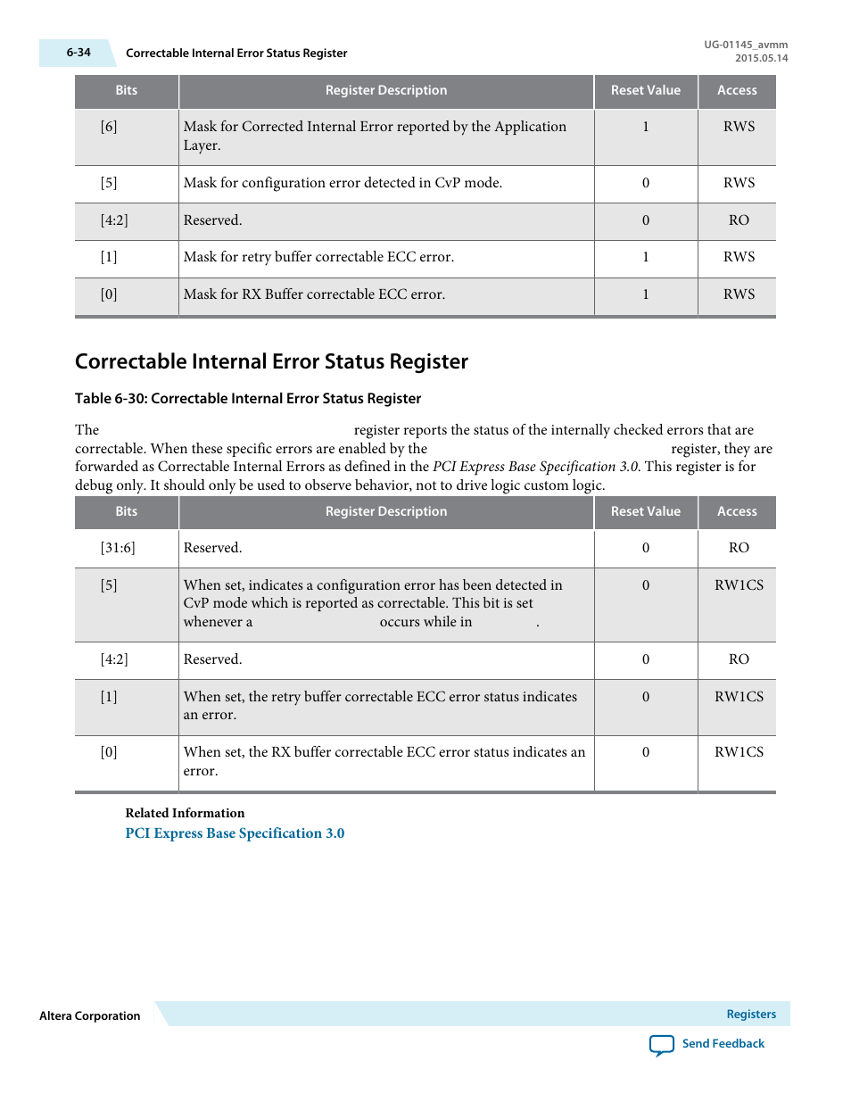 Correctable internal error status register, Correctable internal error status register -34 | Altera Arria 10 Avalon-MM User Manual | Page 100 / 212
