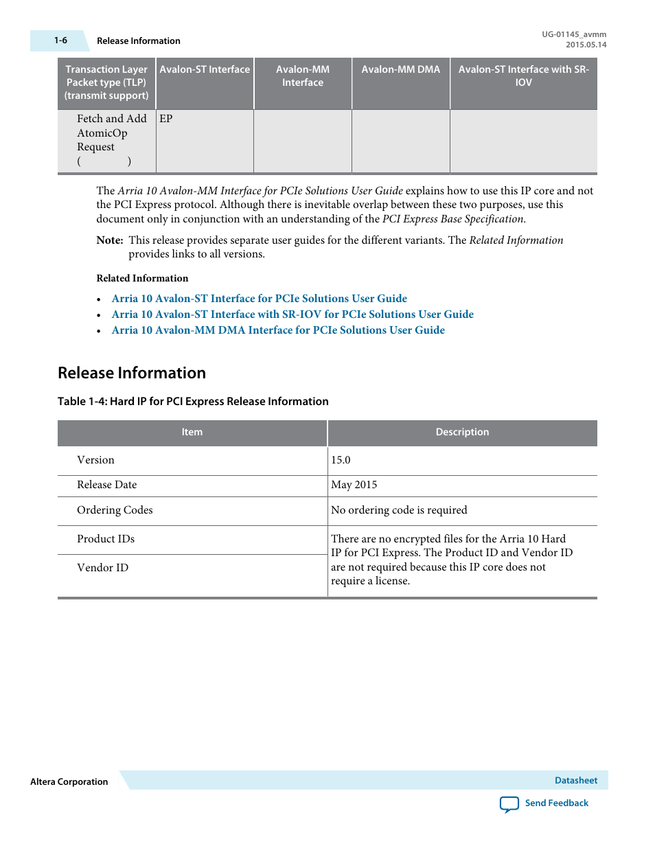 Release information, Release information -6 | Altera Arria 10 Avalon-MM User Manual | Page 12 / 212