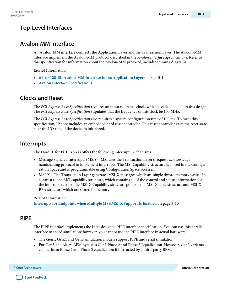 Top-level interfaces, Avalon-mm interface, Clocks and reset | Interrupts, Pipe, Top-level interfaces -3, Avalon-mm interface -3, Clocks and reset -3, Interrupts -3, Pipe -3 | Altera Arria 10 Avalon-MM User Manual | Page 121 / 212