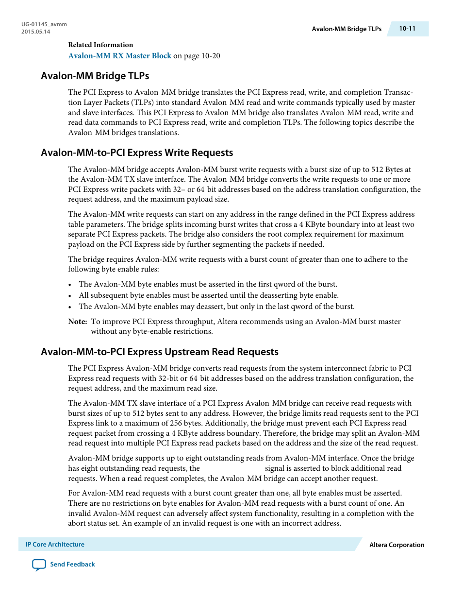 Avalon‑mm bridge tlps, Avalon-mm-to-pci express write requests, Avalon-mm-to-pci express upstream read requests | Avalon-mm bridge tlps -11, Avalon-mm-to-pci express write requests -11 | Altera Arria 10 Avalon-MM User Manual | Page 129 / 212