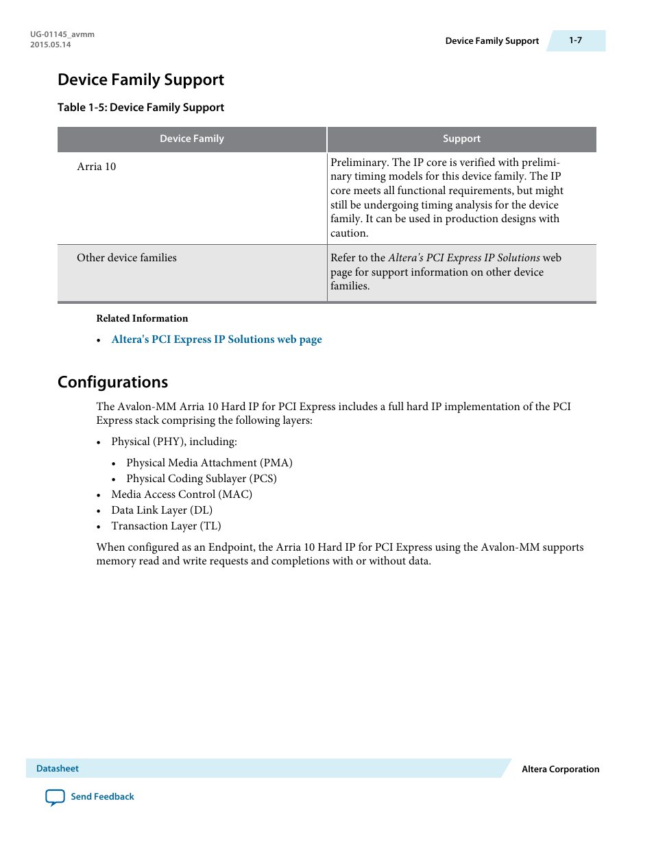 Device family support, Configurations, Device family support -7 | Configurations -7 | Altera Arria 10 Avalon-MM User Manual | Page 13 / 212