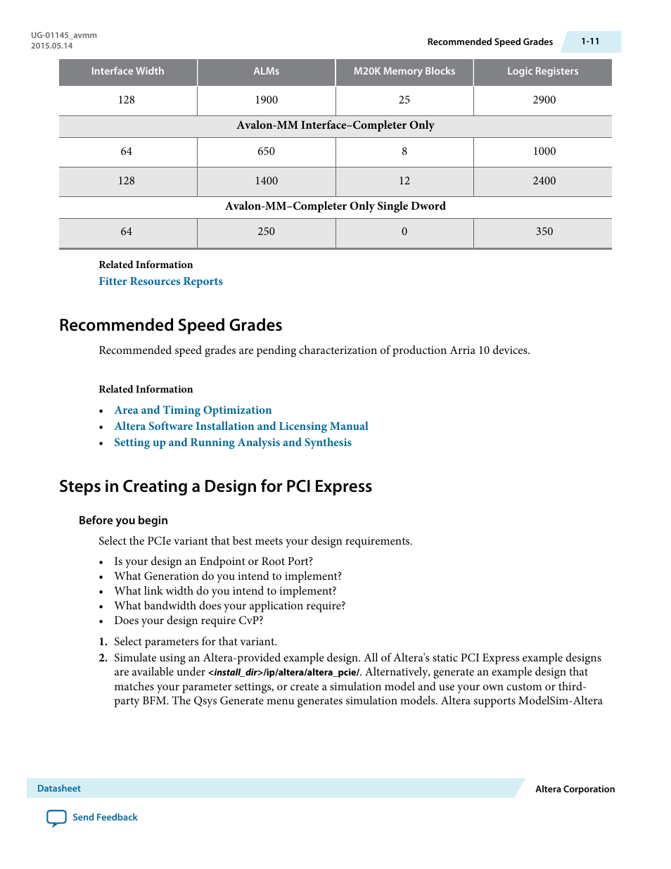 Recommended speed grades, Steps in creating a design for pci express, Recommended speed grades -11 | Steps in creating a design for pci express -11 | Altera Arria 10 Avalon-MM User Manual | Page 17 / 212