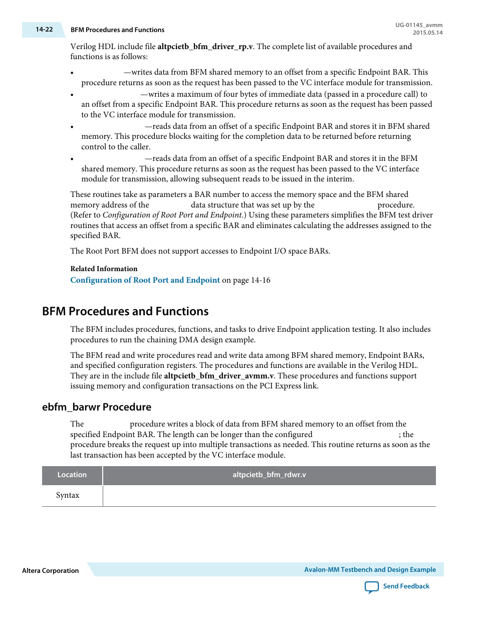 Bfm procedures and functions, Ebfm_barwr procedure, Bfm procedures and functions -22 | Ebfm_barwr procedure -22 | Altera Arria 10 Avalon-MM User Manual | Page 172 / 212