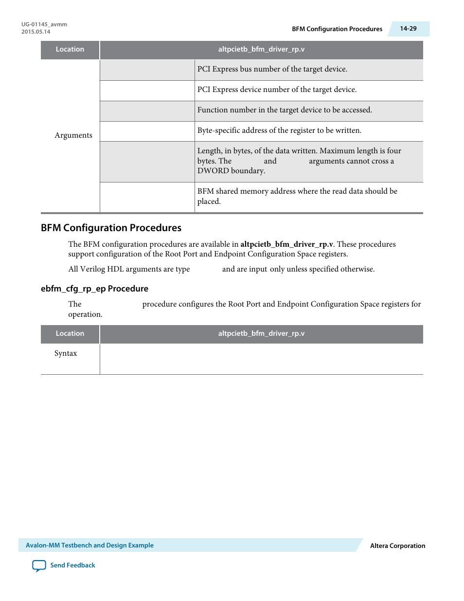 Bfm configuration procedures, Ebfm_cfg_rp_ep procedure, Bfm configuration procedures -29 | Altera Arria 10 Avalon-MM User Manual | Page 179 / 212