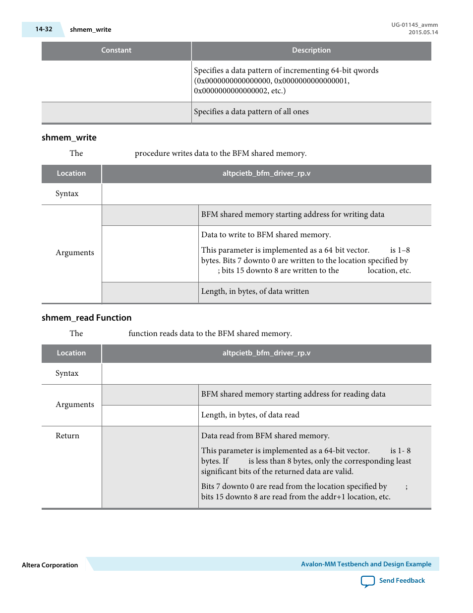 Shmem_write, Shmem_read function | Altera Arria 10 Avalon-MM User Manual | Page 182 / 212