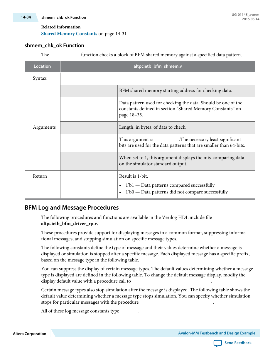 Shmem_chk_ok function, Bfm log and message procedures, Bfm log and message procedures -34 | Altera Arria 10 Avalon-MM User Manual | Page 184 / 212