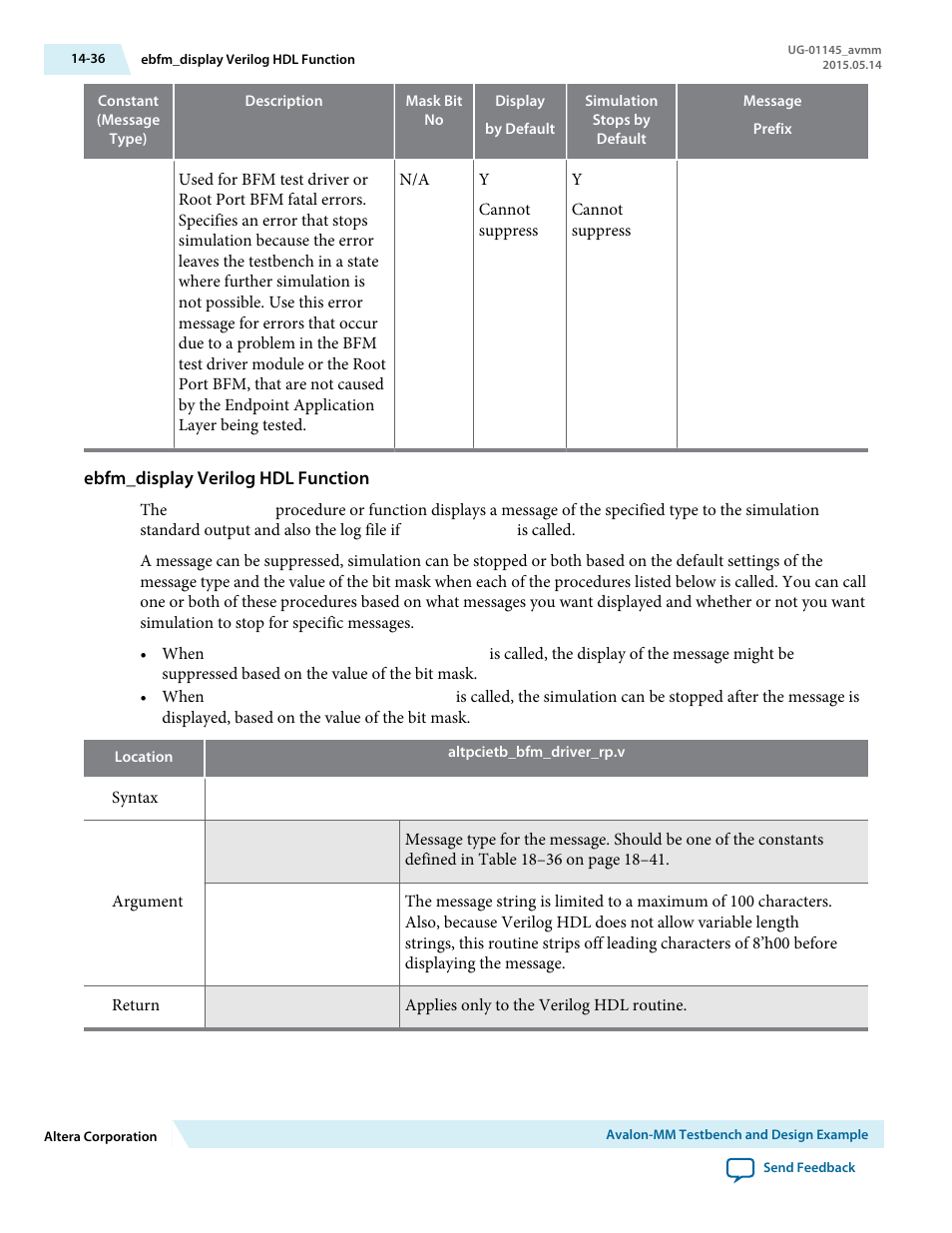 Ebfm_display verilog hdl function | Altera Arria 10 Avalon-MM User Manual | Page 186 / 212